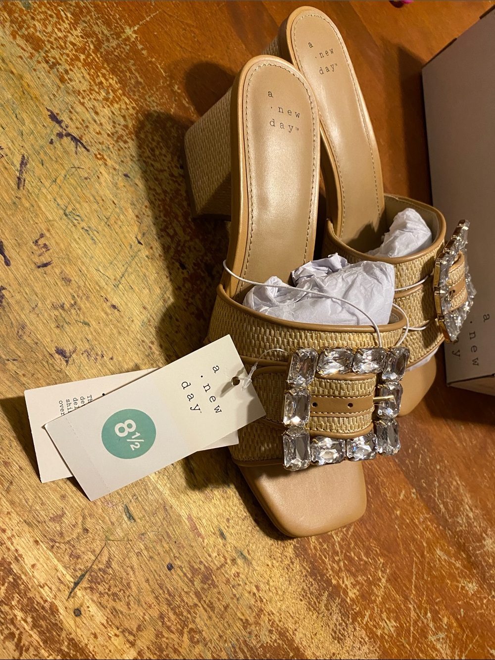 New day Tan Jeweled Buckle Block Heel Mules